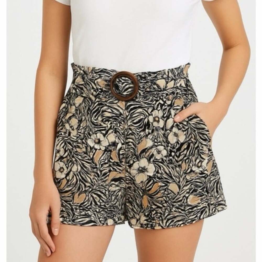 Jason Wu Shorts Size M Black Beige Floral Belted High Waist Cotton Stretch